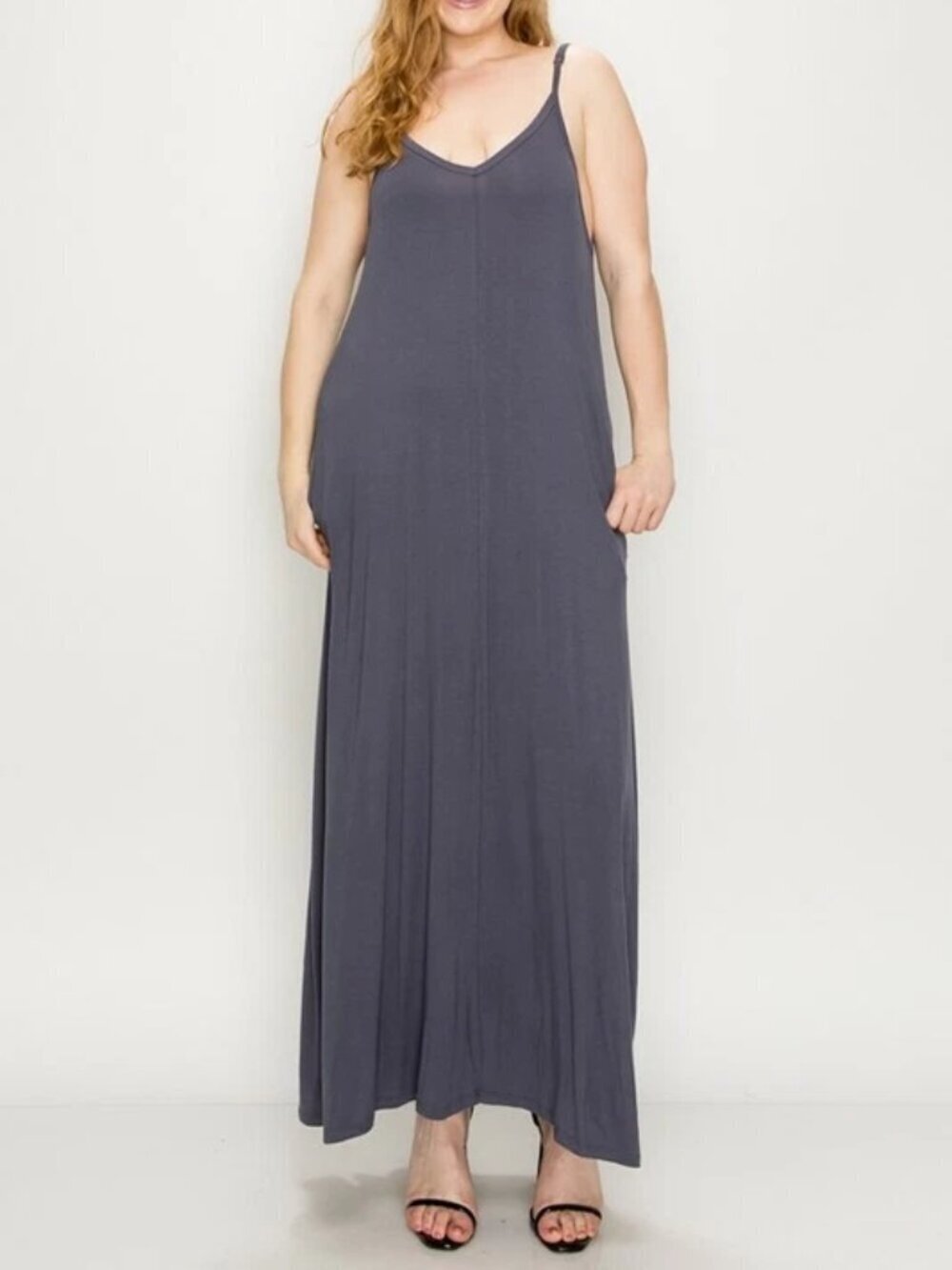 Plus Size Sleeveless Cami Maxi Dress Adjustable Straps Gray 1X 2X 3X